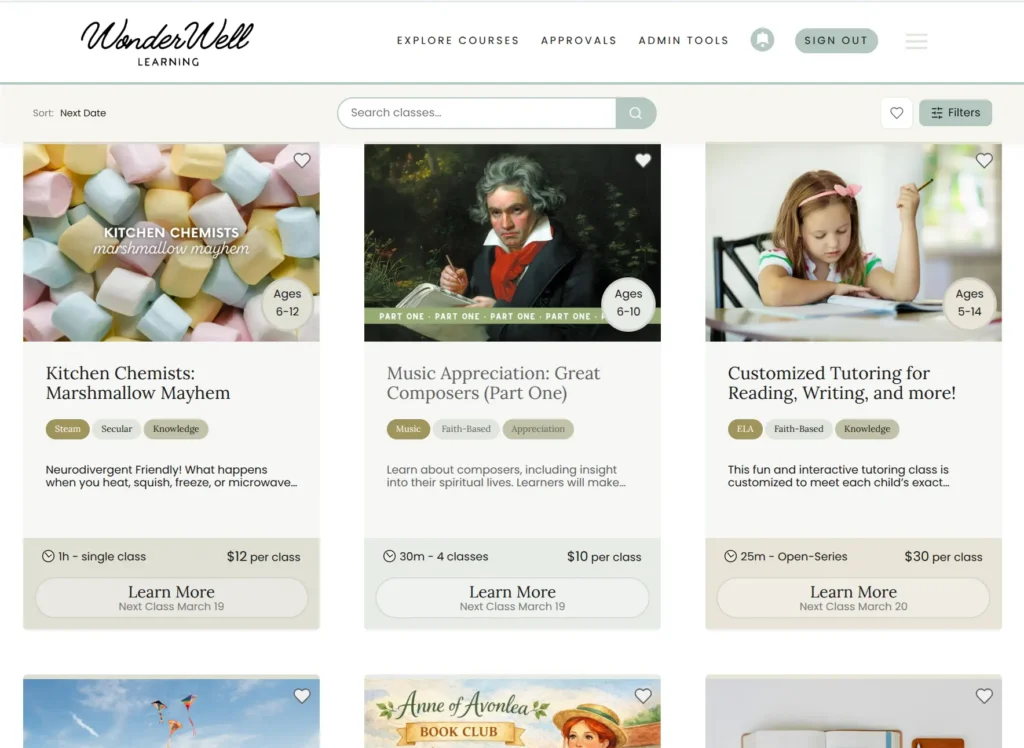 WonderWell Learning homepage showing classes for AZ ESA funds