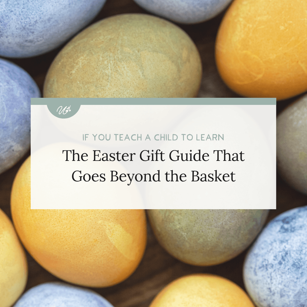 Easter basket ideas for homeschool families blog header with a calm, easter egg background